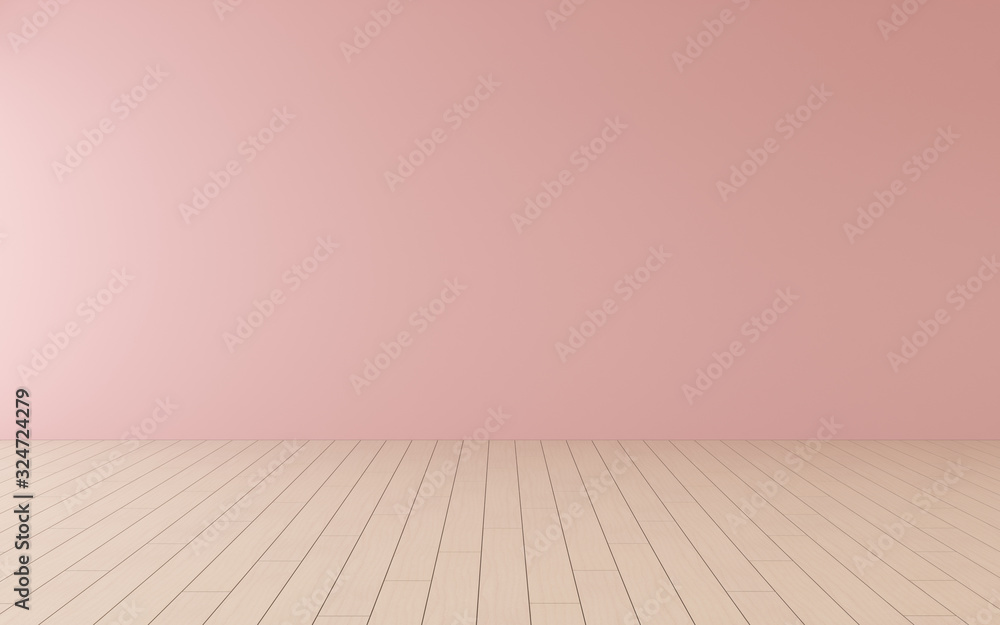 Mock-up of pink empty room and wood laminate floor with sun light cast the shadow on the wall,Perspective of minimal interior design. 3D rendering