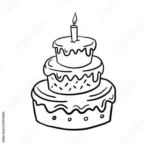 Cake. Vector linear illustration in doodle style. Birthday cake. Cake with candles. © Viktoriia