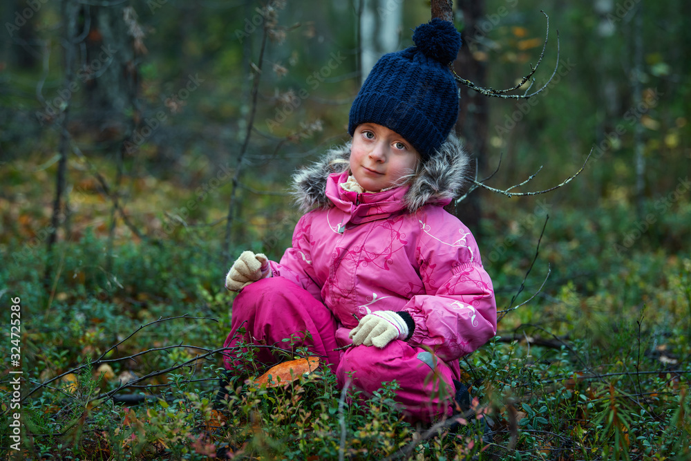 Cute little girl picking mushrooms in autumn forest, kids outdoor activities