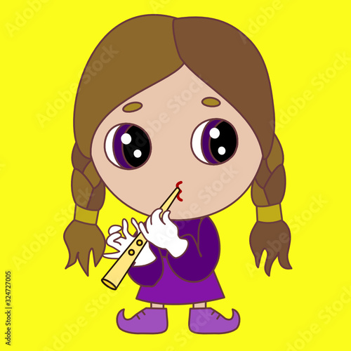 Emoticon with a girl playing the flute, color emoji on a isolated background