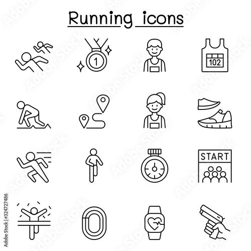 Running competition icon set in thin line style