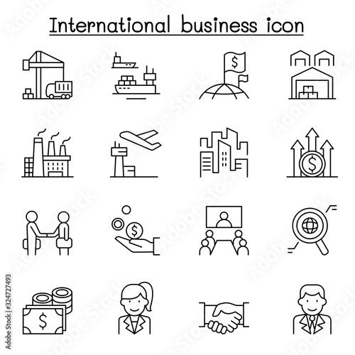 International business icons set in thin line style