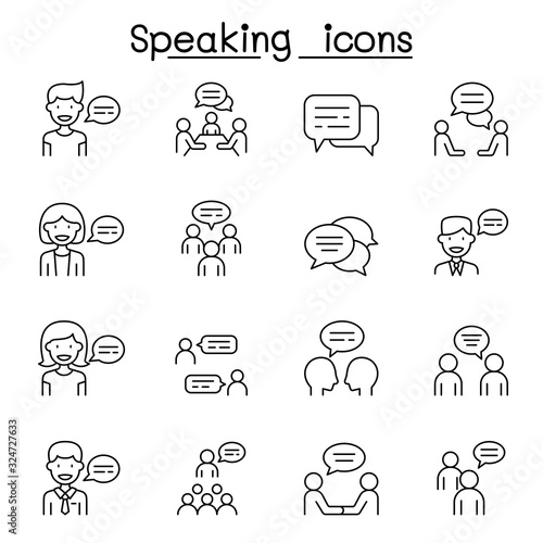 Talk, speech, discussion, dialog, speaking, chat, conference, meeting icon set in thin line style