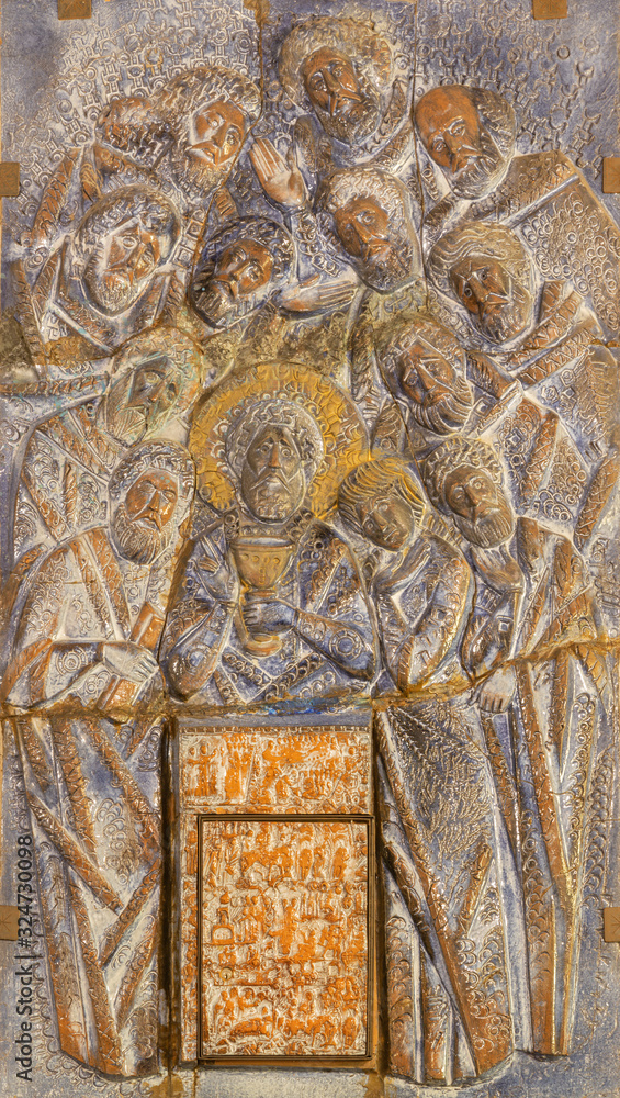 RAVENNA, ITALY - JANUARY 29, 2020: The modern ceramic relief of Last Supper in side chapel of church Basilica di San Giovanni Evangelista.