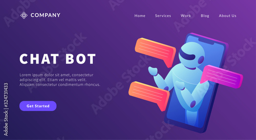 chatbot technology communication with smartphone and robot concept for website template or landing homepage