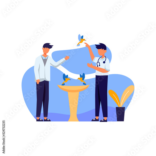 veterinarians check pet health, dog, kitten and bird vector illustration
