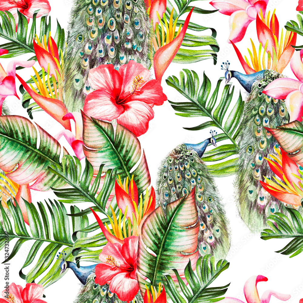 Fototapeta Beautiful watercolor seamless pattern with tropical leaves and peacock, hibiscus flowers and strelitzia.