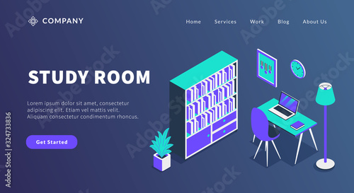 study room concept with book shelf and table workspace laptop computer for website template or landing homepage