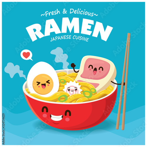 Vintage food poster design with vector ramen characters. 