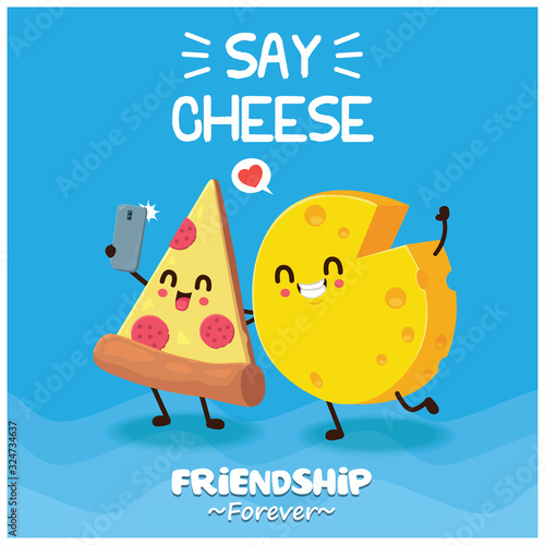 Vintage food poster design with vector pizza & cheese character.