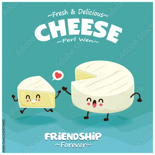Vintage Cheese poster design with vector peal wen cheese character. 
