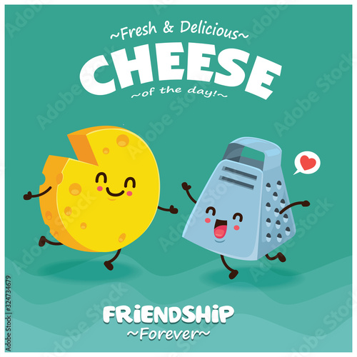 Vintage poster design with vector cheese & tower graters character. 