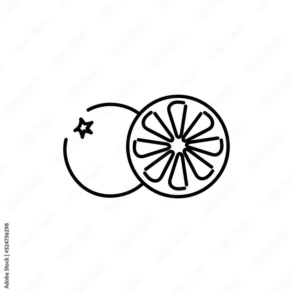 Round slice of citrus icon in outline style isolated on white background. Summer fruits rich in vitamins, vegetarianism, vector illustration. For the Internet and apps Round slice of citrus icon in outline style isolated on white background. Summer fruits rich in vitamins, vegetarianism, vector illustration. For the Internet and apps