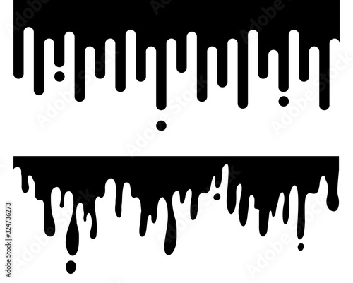 Black melt drips or liquid paint drops. Vector graffiti splatter splash or chocolate syrup and oil leak borders. seamless melting pattern decoration.
