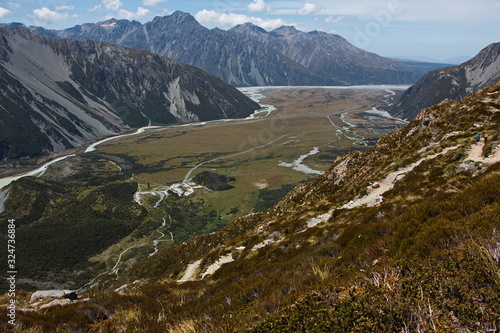 View of Hooker Valley from track to Sealy Tarns in Mount Cook National Park on South Island of New Zealand