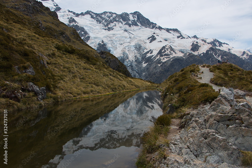 Sealy Tarn in Mount Cook National Park on South Island of New Zealand