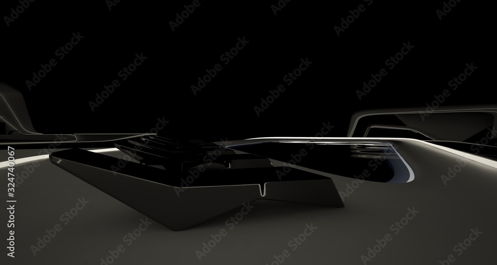 Abstract architectural black and white interior of a modern villa with neon lighting. 3D illustration and rendering. Abstract architectural black and white interior of a modern villa with neon lighting. 3D illustration and rendering.