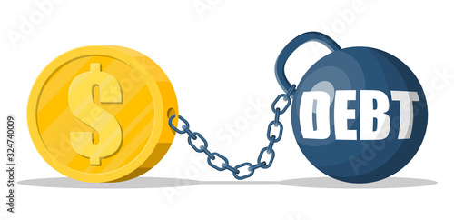 Debt ball chained to dollar gold coin. Big heavy debt weight with shackles and money. Tax burden, financial crime, fee, crisis and bankruptcy. Vector illustration in flat style