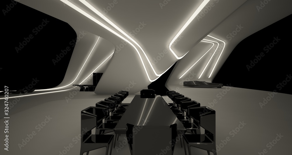 Abstract architectural black and white interior of a modern villa with neon lighting. 3D illustration and rendering.