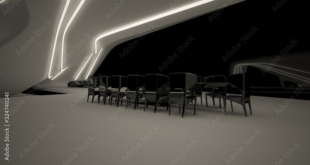 Obraz premium Abstract architectural black and white interior of a modern villa with neon lighting. 3D illustration and rendering.