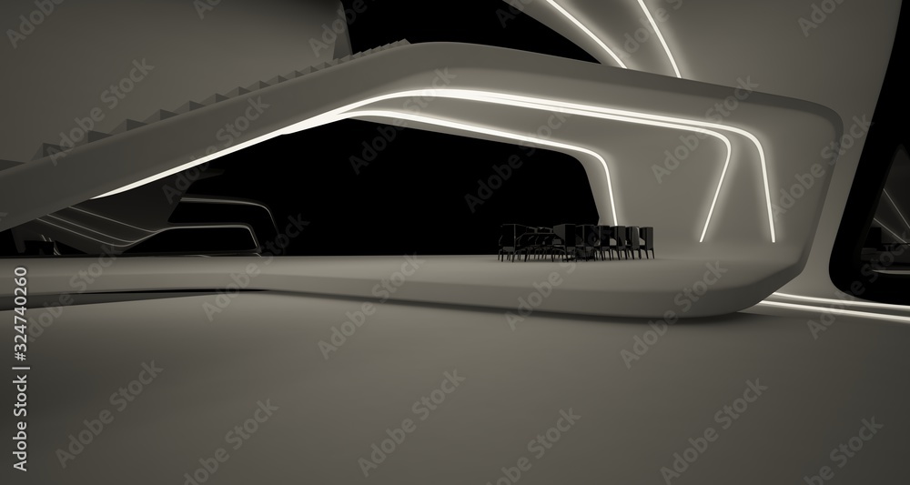 Abstract architectural black and white interior of a modern villa with neon lighting. 3D illustration and rendering. Abstract architectural black and white interior of a modern villa with neon lighting. 3D illustration and rendering.
