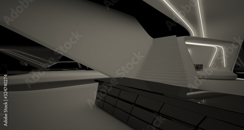 Abstract architectural black and white interior of a modern villa with neon lighting. 3D illustration and rendering.