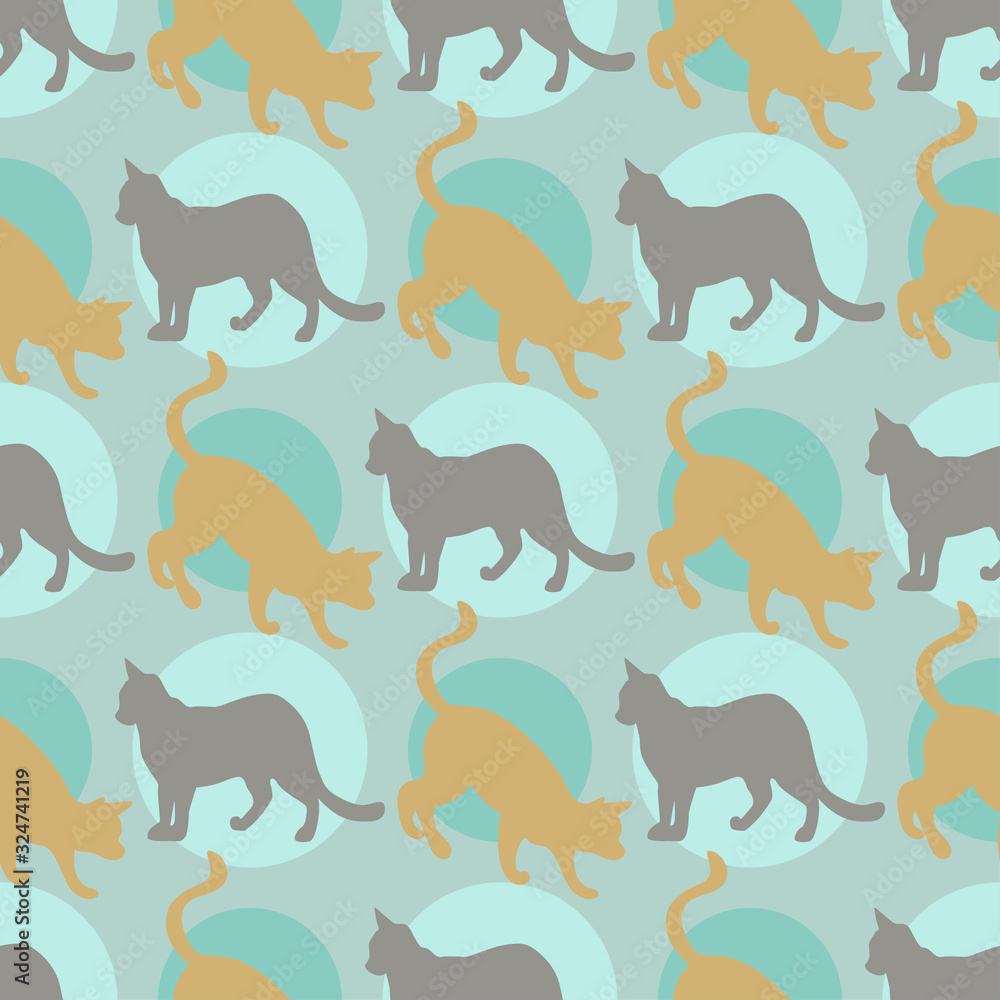 Seamless pattern with cats silhouettes on a blue background
