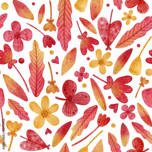 Watercolor seamless pattern with leaves. Abstract floral background can be used for textile  cards  wrapping papper. Botanical art pefect for eco nature design and DIY project.