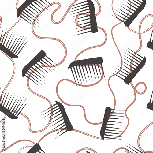 Seamless pattern with stylized hair comb and curly thread.