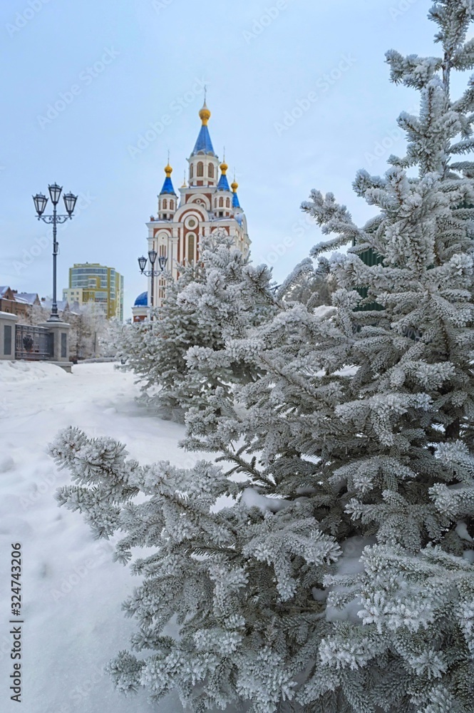 Winter fairy tale in the city. Khabarovsk, Assumption cathedral. Far East, Russia. Winter fairy tale in the city. Khabarovsk, Assumption cathedral. Far East, Russia.