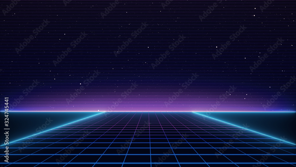 Retro cyberpunk style 80s Sci-Fi Background Futuristic with laser grid landscape. Digital cyber surface style of the 1980`s. 3D illustration