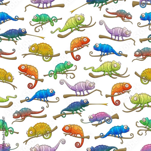 Chameleons seamless pattern of exotic lizard animals. Vector background with colorful chameleon reptiles sitting on branches with camouflage spots and stripes, long tails and tongues, animal backdrop