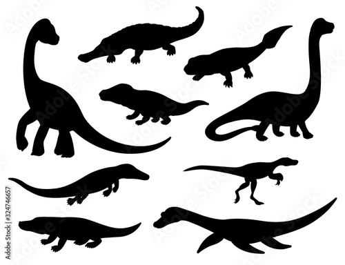 Dinosaur black silhouettes of jurassic extinct animals. Vector prehistoric dino reptiles and crocodile monsters of mesosaurus  eoraptor  ichthyostega and brachiosaurus  erythrosuchus and sarcosuchus