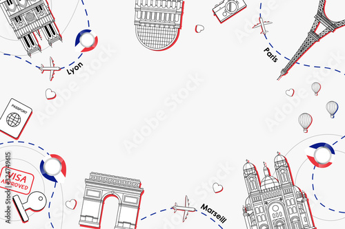 Famous landmarks of france in top view composition scene design for travel or tourism and transport