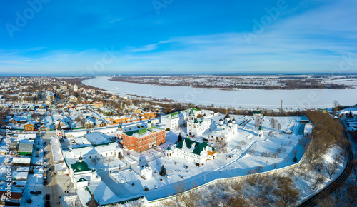 Transfiguration Monastery and the river Oka in Murom, Russia Vladimir region. Panoramic aerial view