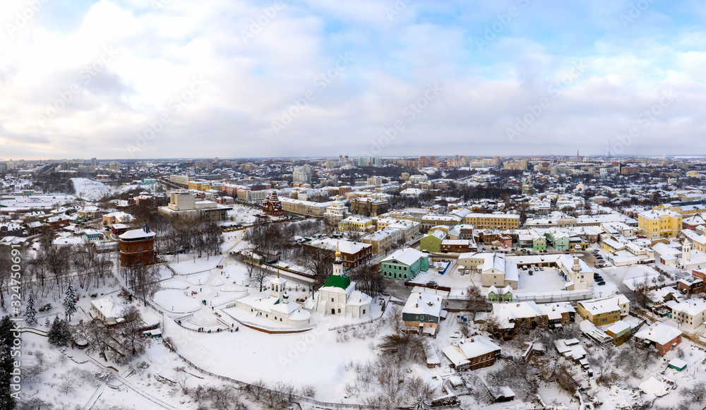 Gold ring of Russia. Aerial view of downtown Vladimir with the Golden Gate and Holy Trinity Church. Panoramic aerial view