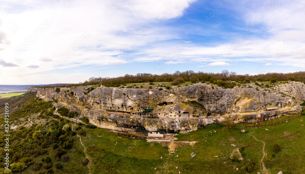 Famous cave city and monastery Chelter-Marmara, near the city of Bakhchisaray, Crimea. Panoramic aerial view