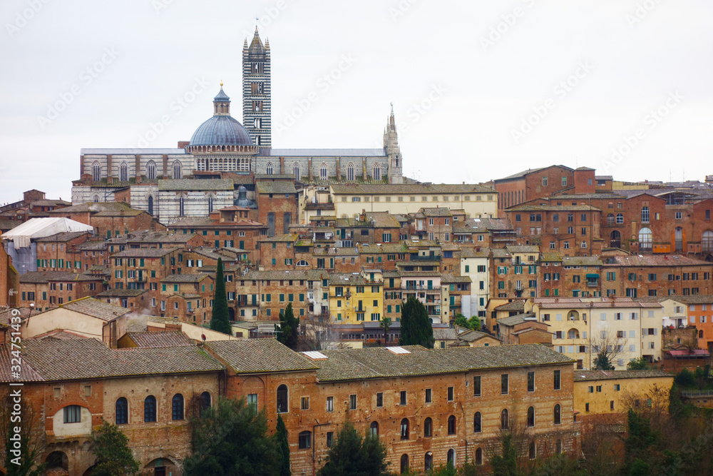 View of the city of Siena on a cloudy day..Roofs, characteristic houses and the Cathedral.