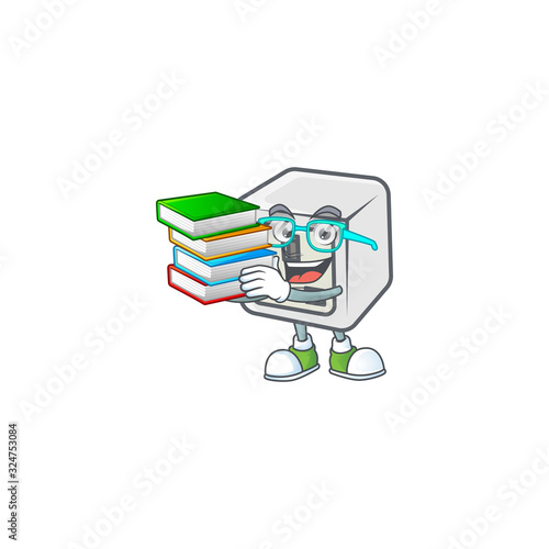 A brainy clever cartoon character of USB power socket studying with some books