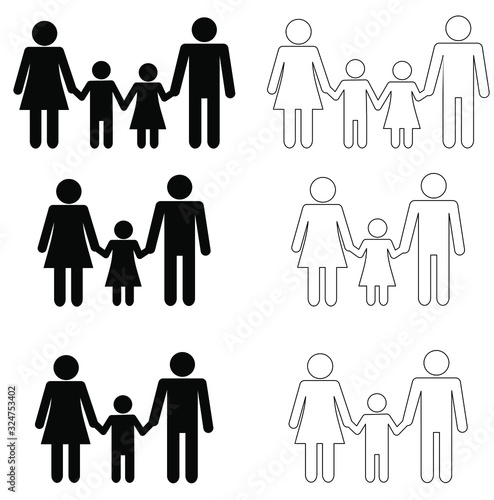 Set of silhouette of family holding hands. Mom, dad, daughter and son. Contribution of parents to parenting. Love and caring. Vector illustration. Black and white icon set. Minimalistic design. 