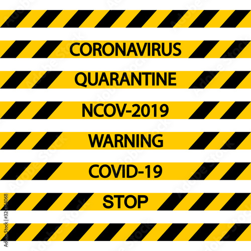 Seamless fencing tape quarantine coronavirus vector warning tape fencing flu, black and yellow diagonal stripes, stop ncov, covid quarantine coronavirus