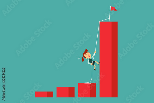 businesswoman climbing highest bar graph