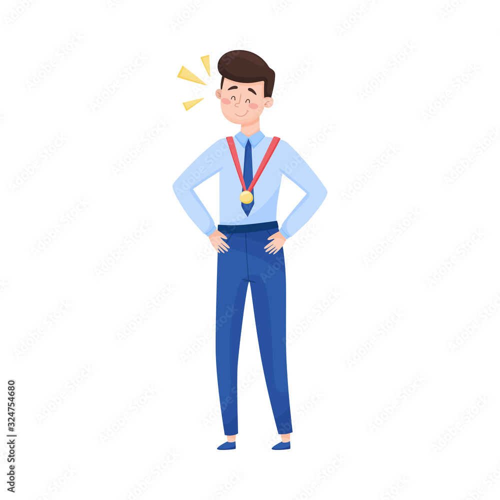 Young Man Standing with Golden Medal Hanging from His Neck Cheering About the Victory Vector Illustration Young Man Standing with Golden Medal Hanging from His Neck Cheering About the Victory Vector Illustration