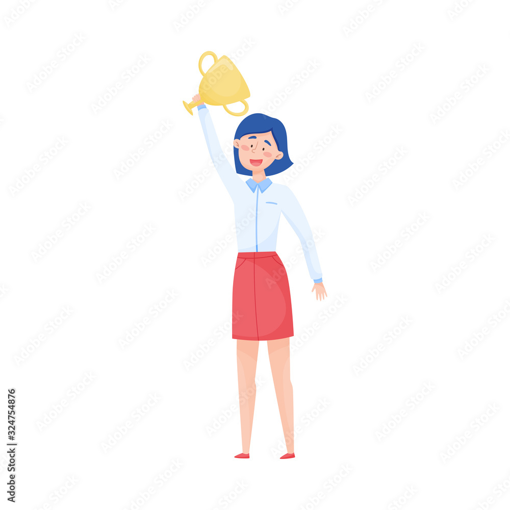 Young Woman Holding Golden Cup as Victory Award Vector Illustration Young Woman Holding Golden Cup as Victory Award Vector Illustration