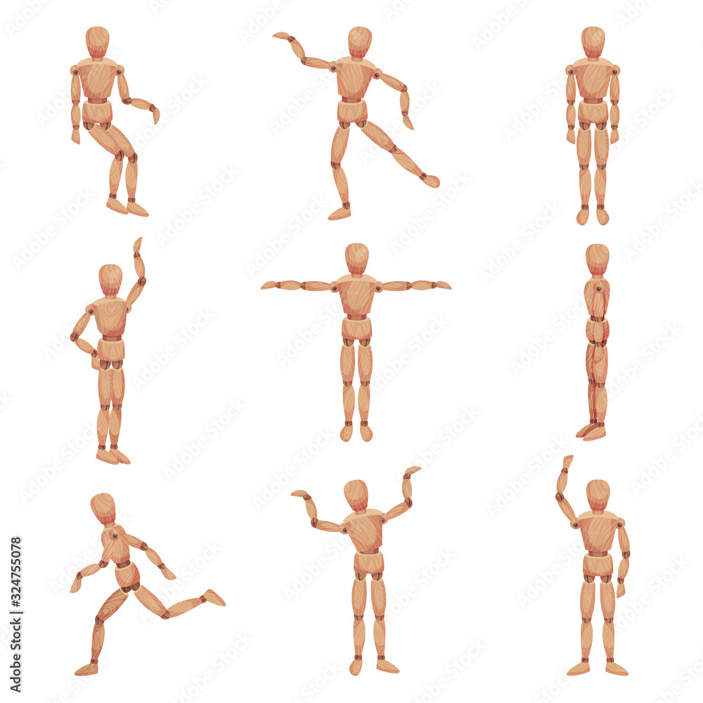 Wooden Man Standing in Different Poses Vector Set Stock Vector | Adobe ...