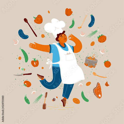 Vector cartoon illustration of home and small restaurant male man cook concept - chef man showing sign for delicious, with taste approval gesture.
