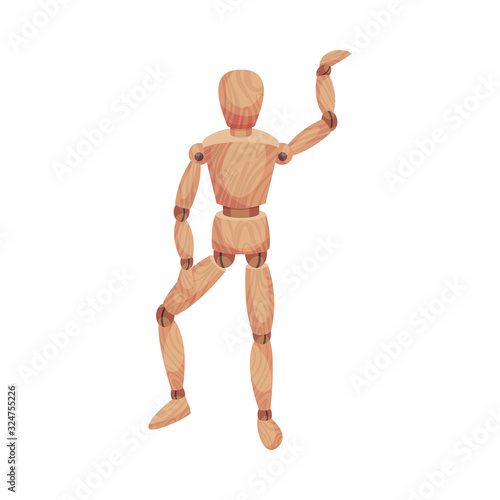 Wooden Man Standing with His Leg Up Vector Illustration