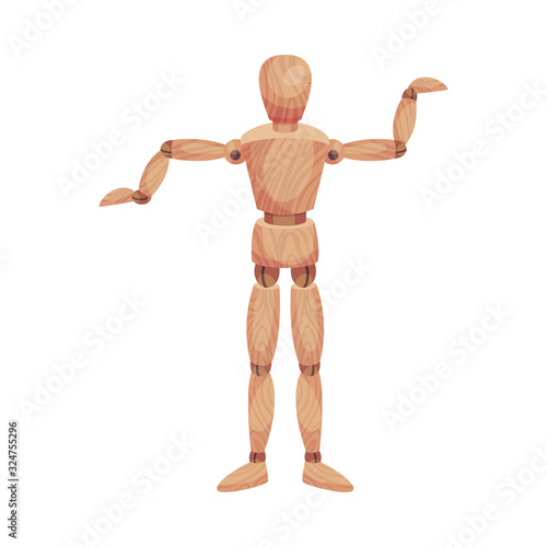 Wooden Man Standing Gesturing with His Arms Vector Illustration
