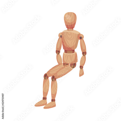 Wooden Man in Sitting Pose Isolated on White Background Vector Illustration