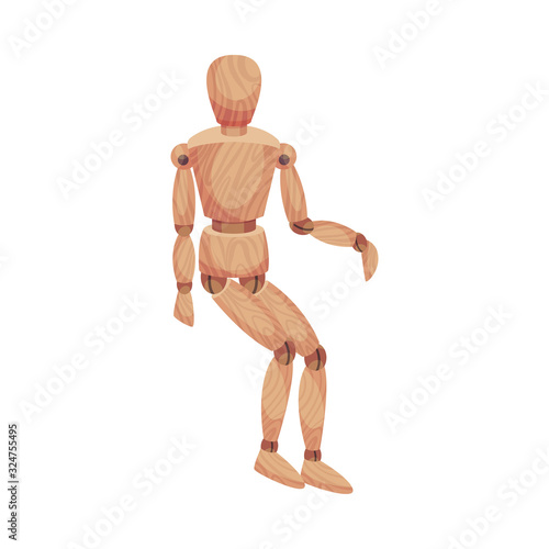 Wooden Man in Sitting Pose Isolated on White Background Vector Illustration